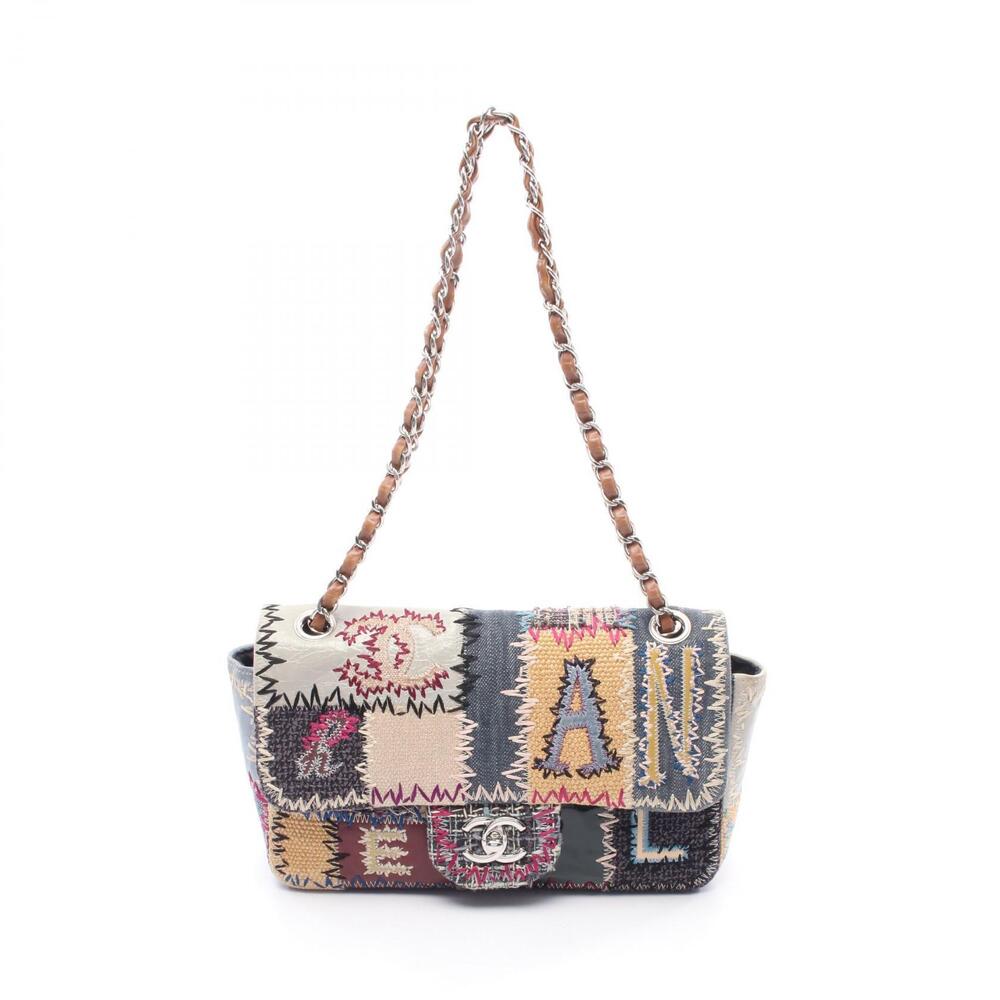 Chanel FLAP BAG PATCH Shoulder Denim Leather Blue Multicolor